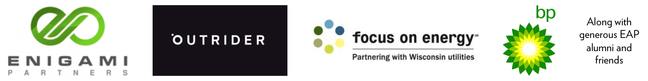 Logos for Enigami Partners, Outrider, Focus on Energy, bp, and EAP alumni and friends.