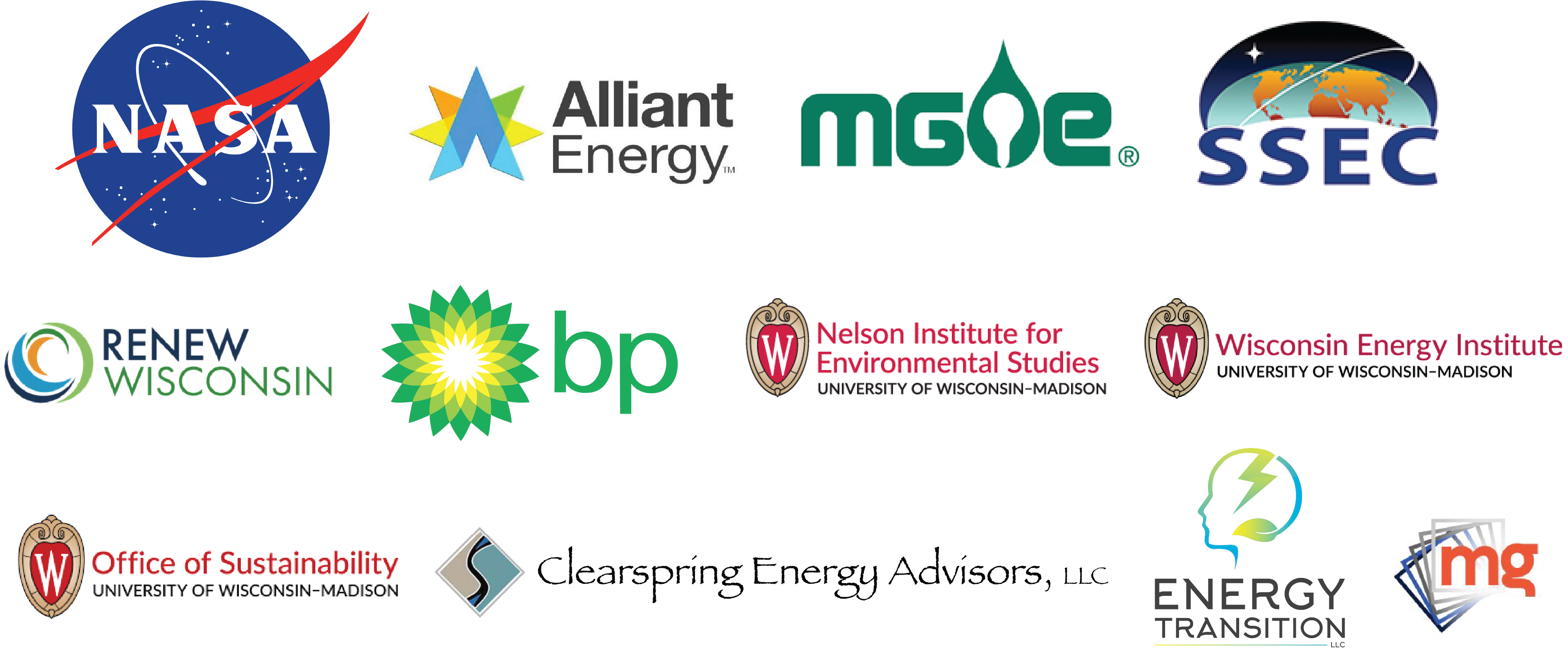 Logos of sponsors, including NASA, Alliant Energy, MGE, SSEC, Renew Wisconsin, bp, Nelson Institute, Wisconsin Energy Institute, Office of Sustainability, Clearspring Energy Advisors, Energy Transition, and mg.