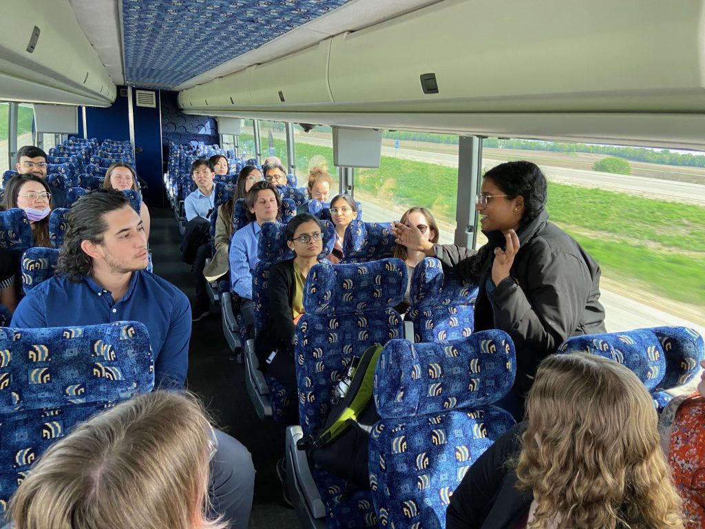 Students on a bus on the Chicago 2023 EAP networking trip.