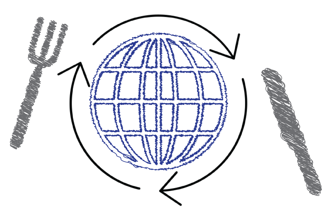 Illustration of globe with fork and knife.