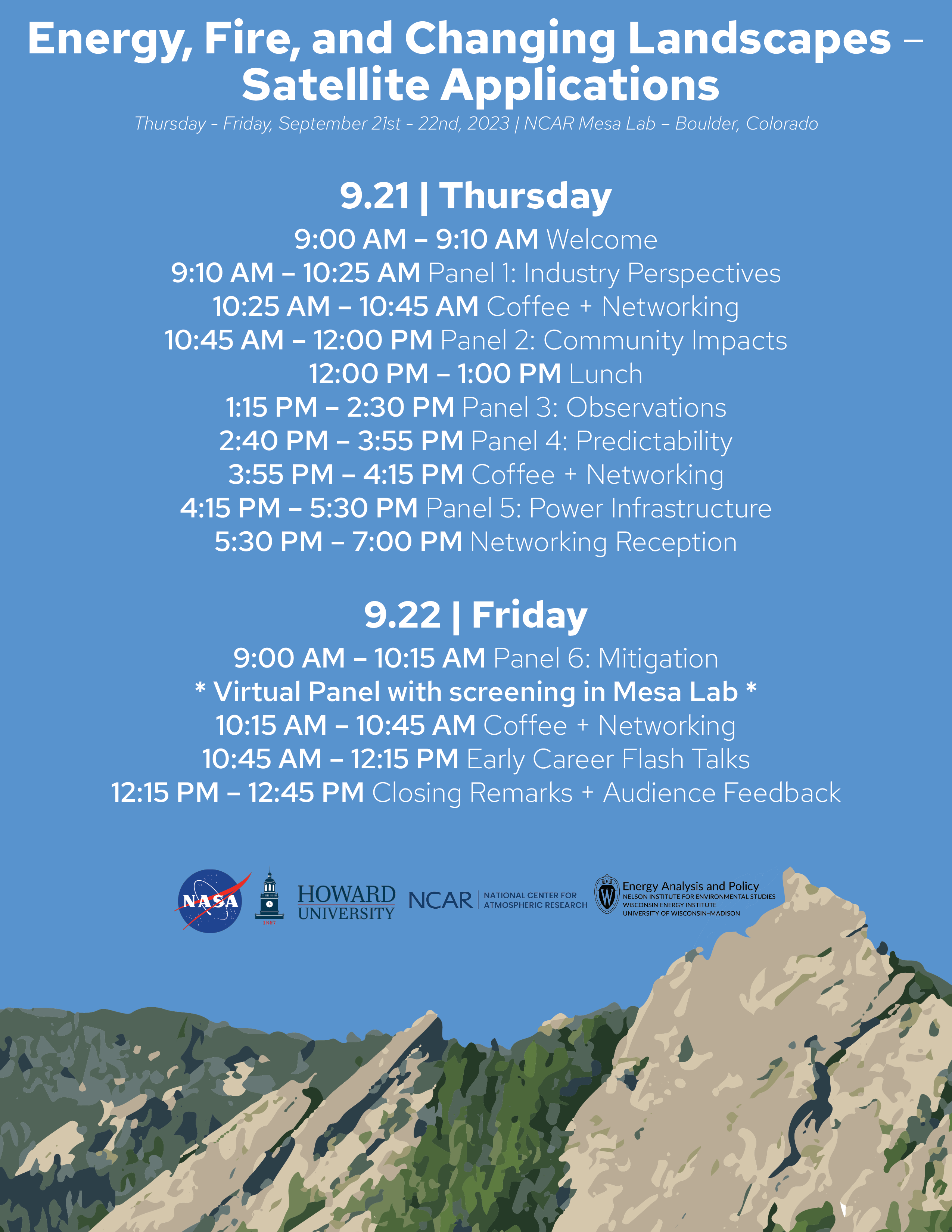Flyer showing agenda of conference with image of Boulder Flatirons