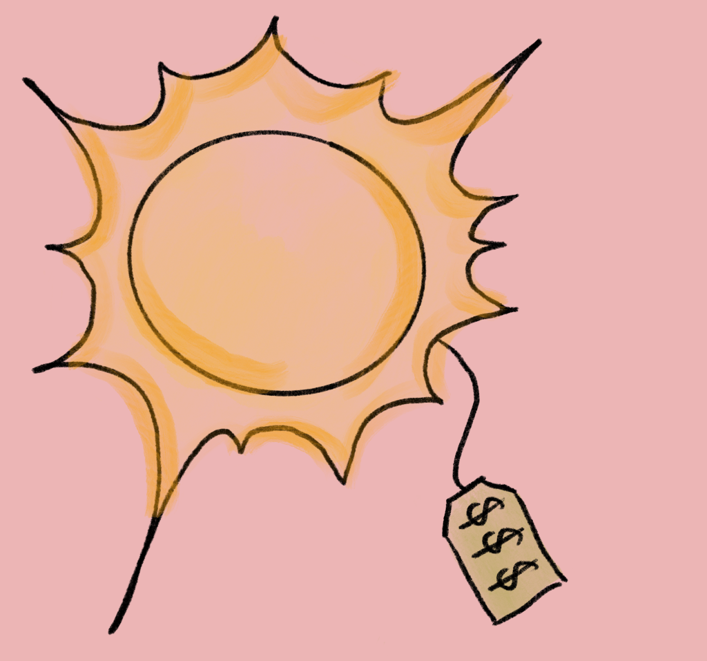Illustration of sun with price tag.