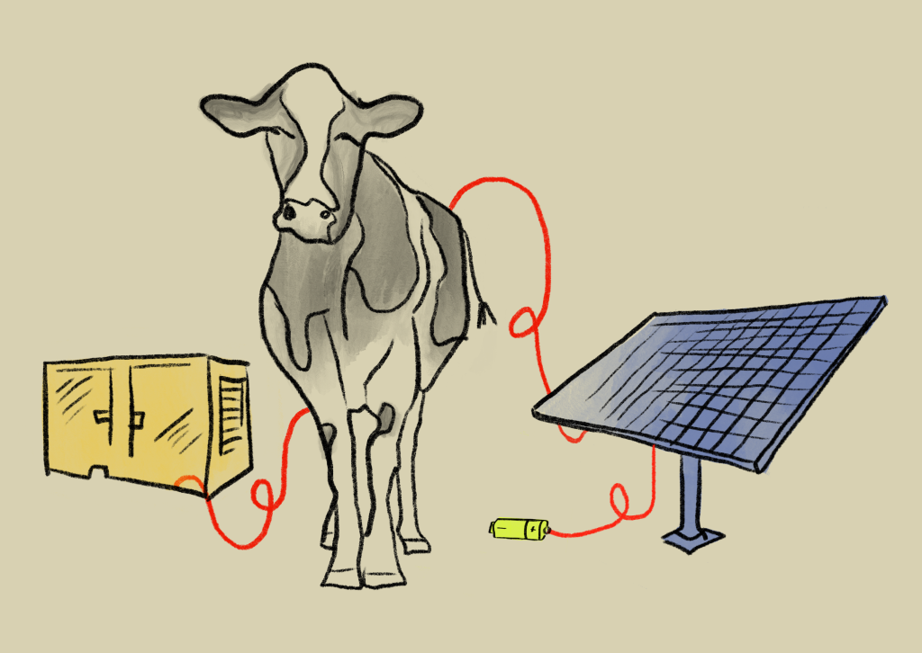 An illustration of a cow next to a solar panel.