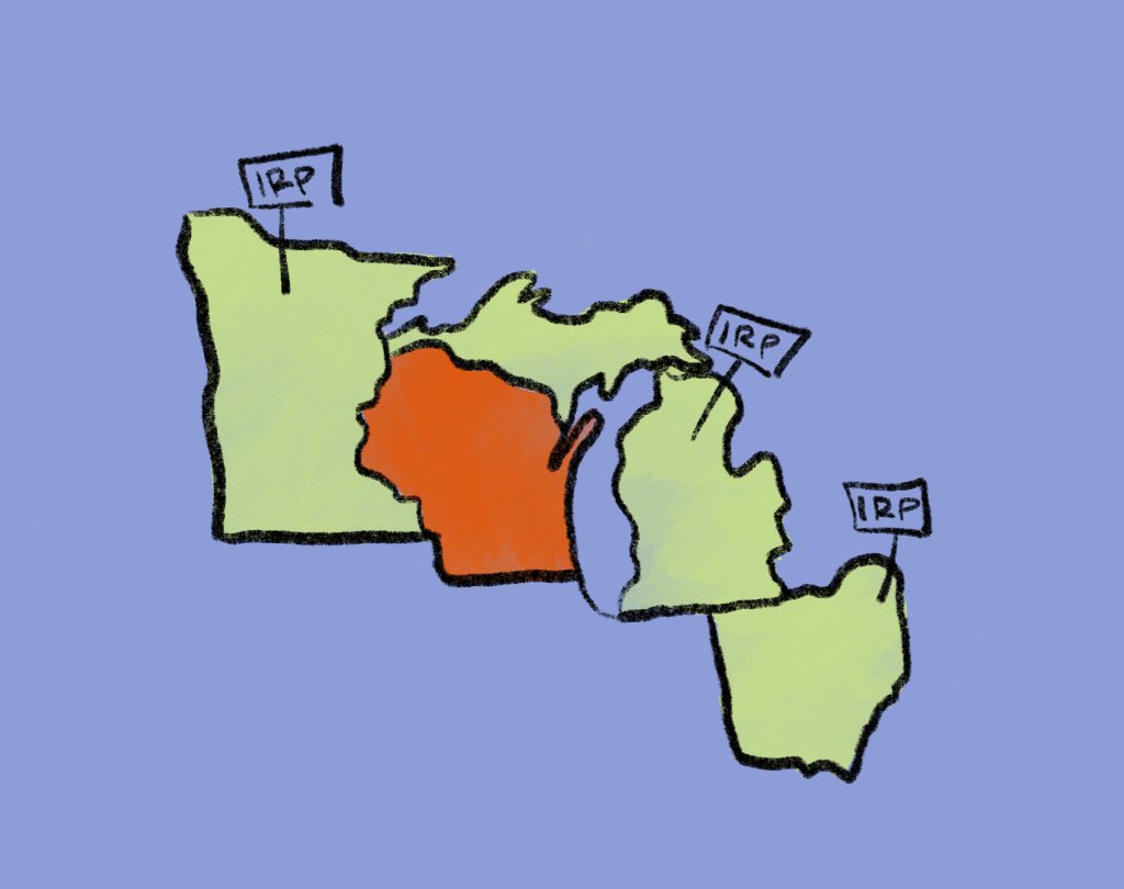 Outline of Great Lakes states with IRP signs on them.