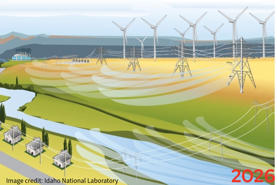 Cartoon landscape showing power lines, wind turbines, and homes with a representation of wind cooling.